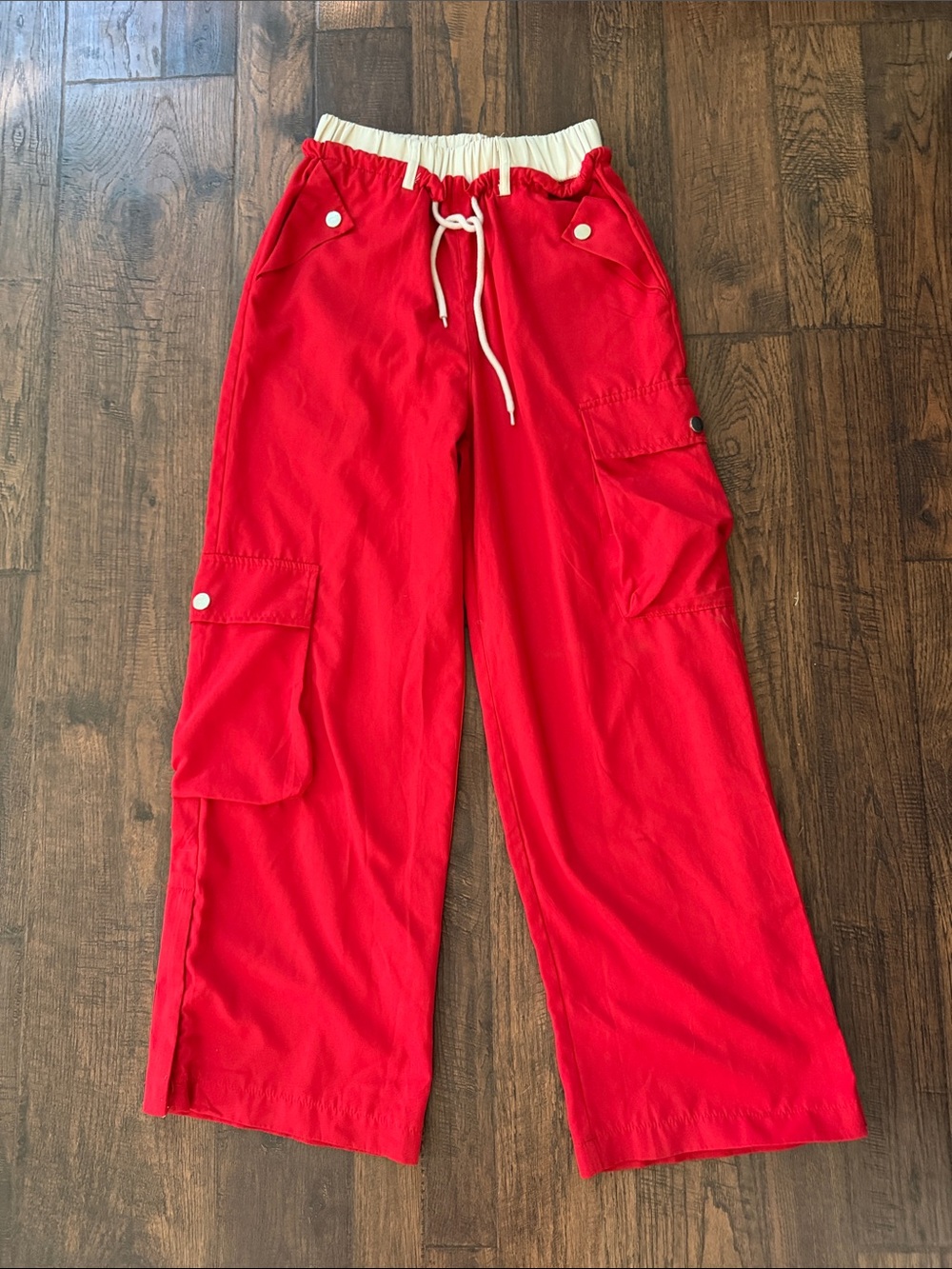 Bright Red Straight-Leg Cargo Trousers with Drawstring Waist